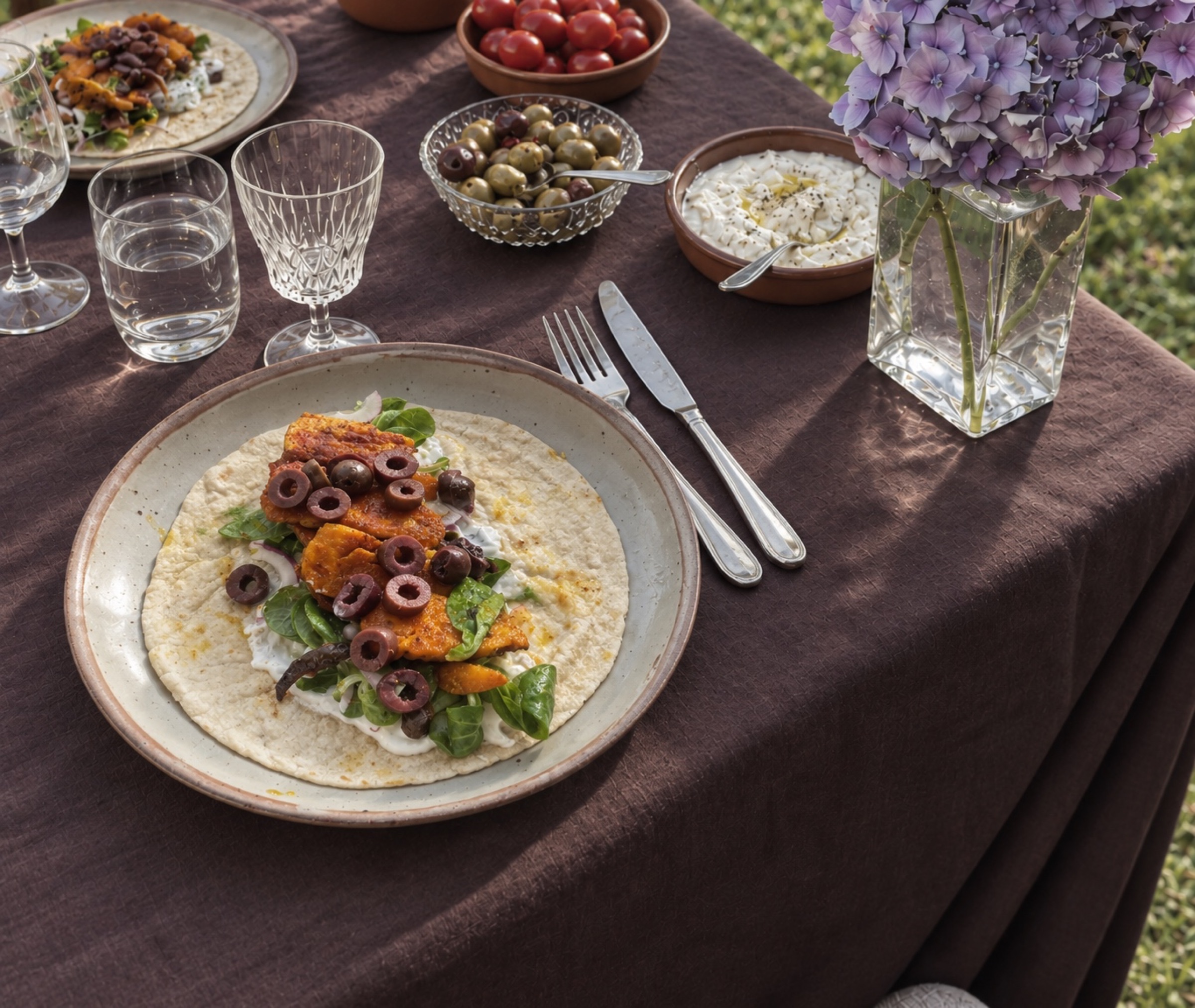 Repas végétarien et fleurs sur la table du jardin de Maison Mère